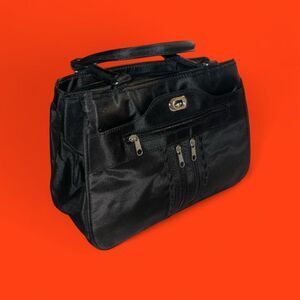 Black Shoulder Bag Multi Pocket Zip Handbag Silver Hardware